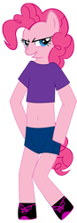 Size: 719x2075 | Tagged: safe, artist:darkaluminum, imported from derpibooru, pinkie pie, semi-anthro, belly button, clothes, female, jeans, midriff, pants, shoes, short jeans, short shirt, simple background, sneakers, solo, teenager, transparent background