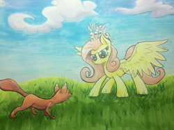 Size: 1280x960 | Tagged: safe, artist:kittyhawk-contrail, imported from derpibooru, fluttershy, fox, rabbit, badass, eye contact, flutterbadass, grass field, looking at each other, protecting, scenery, spread wings, stare, the stare, traditional art