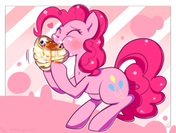Size: 1390x1050 | Tagged: safe, artist:haden-2375, imported from derpibooru, pinkie pie, pony, blueberry, eating, eyes closed, female, food, heart, maple syrup, nom, pancakes, solo, whipped cream