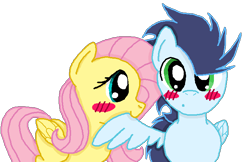 Size: 728x472 | Tagged: safe, artist:margaretlovez, imported from derpibooru, fluttershy, soarin', pony, blushing, female, male, shipping, simple background, soarinshy, straight