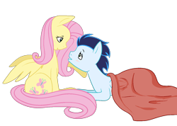 Size: 1308x932 | Tagged: safe, artist:margaretlovez, imported from derpibooru, fluttershy, soarin', pony, blanket, blushing, eye contact, female, looking at each other, male, prone, shipping, simple background, sitting, soarinshy, straight, transparent background, vector