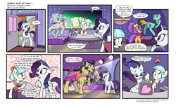 Size: 1921x1181 | Tagged: safe, artist:pencils, imported from derpibooru, coco pommel, plaid stripes, rarity, oc, oc:sweet dream, earth pony, pony, unicorn, comic:sunday slice of pony, cash register, clothes, comic, crossdressing, dancing, dialogue, door, exotic dancer, eyes closed, female, lights, looking at each other, magic, male, male dancers, mare, model, modeling, open mouth, raised hoof, smiling, speech bubble, stallion