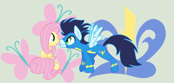 Size: 1932x924 | Tagged: safe, artist:xxdipperkittyxx, imported from derpibooru, fluttershy, soarin', pony, cutie mark background, eye contact, female, looking at each other, male, profile, shipping, soarinshy, straight