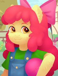 Size: 1162x1530 | Tagged: safe, artist:furuwaru, imported from derpibooru, apple bloom, anthro, adorabloom, clothes, cute, female, overalls, ponyville, smiling, solo