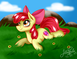 Size: 1300x1000 | Tagged: safe, artist:jack-pie, imported from derpibooru, apple bloom, pony, adorabloom, blushing, bow, cloud, cute, female, grass, grass field, hair bow, prone, signature, sky, smiling, solo, the cmc's cutie marks