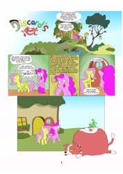 Size: 4961x7016 | Tagged: safe, artist:lost marbles, imported from derpibooru, fluttershy, pinkie pie, corgi, comic:discord's pet, absurd resolution, comic, dialogue, fat, fluttershy's cottage, hell corgi, implied discord, pet oc, phantom brave