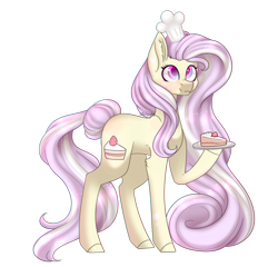 Size: 1762x1693 | Tagged: safe, artist:ohhoneybee, imported from derpibooru, oc, oc only, oc:strawberry cake, earth pony, pony, cake, chef's hat, colored pupils, dish, ear fluff, female, food, hat, hoof hold, mare, multicolored iris, simple background, solo, transparent background