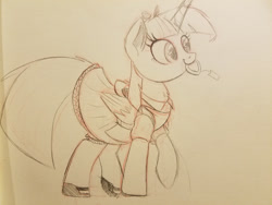 Size: 4032x3024 | Tagged: safe, artist:ncmares, imported from derpibooru, twilight sparkle, alicorn, pony, alice in wonderland, clothes, crossover, cute, disney, dress, female, monochrome, simple background, sketch, smiling, solo, traditional art, twilight sparkle (alicorn)