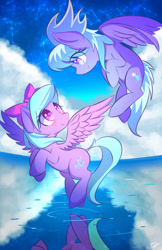 Size: 770x1190 | Tagged: safe, artist:kawaiipony2, imported from derpibooru, cloudchaser, flitter, pegasus, pony, blushing, cloud, constellation, cute, cutechaser, duo, female, flitterbetes, flying, looking at each other, mare, open mouth, reflection, sisters, sky, smiling, spread wings, starry night, stars, water