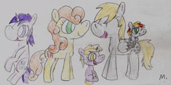 Size: 1837x915 | Tagged: safe, artist:ptitemouette, imported from derpibooru, amethyst star, carrot top, derpy hooves, dinky hooves, golden harvest, sparkler, oc, oc:bubble top, pegasus, pony, derpytop, family, female, lesbian, mare, shipping, traditional art