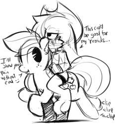 Size: 1179x1270 | Tagged: safe, artist:0r0ch1, imported from derpibooru, applejack, oc, oc:0r0ch1, accessory theft, cowboy hat, dialogue, face of mercy, furry, hat, hemorrhoids, looking back, monochrome, non-mlp oc, riding, stetson, this will end in pain, this will end in pain and/or death, this will not end well, trotting