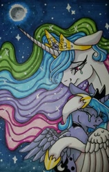 Size: 1024x1620 | Tagged: safe, artist:bleedingwings12, imported from derpibooru, princess celestia, princess luna, alicorn, pony, comforting, crying, eyes closed, feels, floppy ears, hug, moon, night, royal sisters, s1 luna, security hug, traditional art, watermark