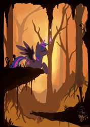 Size: 1240x1748 | Tagged: safe, artist:ogre, imported from derpibooru, twilight sparkle, alicorn, pony, autumn, eyes closed, female, forest, minimalist, modern art, pixiv, prone, solo, twilight sparkle (alicorn)