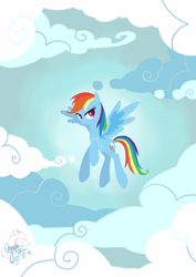 Size: 1240x1748 | Tagged: safe, artist:ogre, imported from derpibooru, rainbow dash, pony, cloud, female, flying, grin, pixiv, sky, smiling, solo
