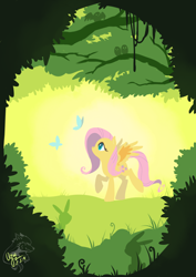 Size: 1240x1748 | Tagged: safe, artist:ogre, imported from derpibooru, fluttershy, bird, butterfly, rabbit, female, forest, looking at something, looking up, no mouth, pixiv, profile, raised hoof, solo, spread wings