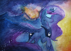 Size: 1400x1000 | Tagged: safe, artist:lollipony, imported from derpibooru, princess luna, alicorn, pony, eyes closed, female, mare, mountain, mountain range, raised hoof, solo, spread wings, stars, traditional art, twilight (astronomy), watercolor painting, wings