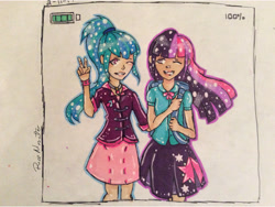 Size: 2048x1536 | Tagged: safe, artist:rose-monster12, imported from derpibooru, sonata dusk, twilight sparkle, equestria girls, rainbow rocks, female, human coloration, lesbian, one eye closed, peace sign, shipping, simple background, smiling, traditional art, twinata, wink