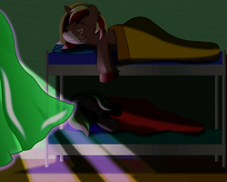 Size: 2500x2000 | Tagged: safe, artist:spellboundcanvas, imported from derpibooru, oc, oc only, art trade, bunk bed, curtains, sleeping