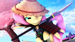 Size: 3840x2159 | Tagged: safe, artist:selestlight, imported from derpibooru, fluttershy, pony, 3d, armor, crossover, female, flutterbadass, for honor, naginata, nobushi, nose wrinkle, solo, source filmmaker