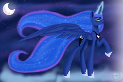 Size: 1500x1000 | Tagged: safe, artist:enderendra, imported from derpibooru, princess luna, alicorn, pony, female, glowing horn, mare, moon, night, raised hoof, solo, spread wings, stars