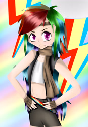 Size: 3445x4947 | Tagged: safe, artist:rdfandrawer102, imported from derpibooru, rainbow dash, human, absurd resolution, belly button, cutie mark background, female, humanized, midriff, solo