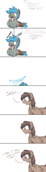 Size: 762x2820 | Tagged: safe, artist:downhillcarver, imported from derpibooru, oc, oc only, oc:jade shine, oc:wingnut, pegasus, pony, comic, cookie, food, head lump, knock out, toolbelt, vulgar, wrench
