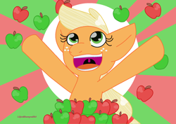 Size: 1542x1094 | Tagged: safe, artist:lilpinkbunnyrabbit, imported from derpibooru, applejack, pony, apple, female, food, open mouth, solo, that pony sure does love apples