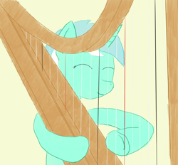 Size: 1280x1190 | Tagged: safe, artist:downhillcarver, artist:downhillcarver-art, imported from derpibooru, lyra heartstrings, pony, unicorn, eyes closed, female, harp, musical instrument, smiling, solo, underhoof