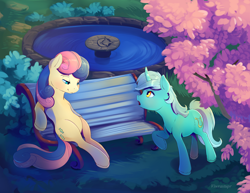 Size: 2200x1700 | Tagged: safe, artist:viwrastupr, imported from derpibooru, bon bon, lyra heartstrings, sweetie drops, earth pony, pony, unicorn, bench, bush, close-up, fountain, grass, lidded eyes, open mouth, raised hoof, scenery, sitting, smiling, tree