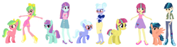 Size: 3616x972 | Tagged: safe, artist:animeponynintendo, imported from derpibooru, indigo zap, lemon zest, sour sweet, sugarcoat, sunny flare, pony, equestria girls, alternate hairstyle, boots, clothes, cute, denim skirt, equestria girls ponified, glasses, high heels, overalls, pants, ponified, ponytail, shadow five, shoes, shorts, skirt