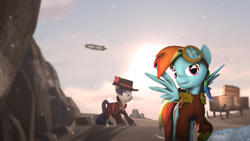 Size: 3840x2160 | Tagged: safe, artist:wintergleam, deleted from derpibooru, imported from derpibooru, rainbow dash, rarity, 3d, cliff, clothes, goggles, pose, pulling, sled, snow, snowfall, source filmmaker, zeppelin