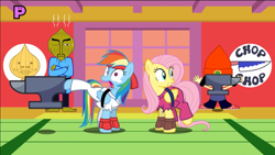 Size: 1136x640 | Tagged: safe, artist:mysteryben, imported from derpibooru, fluttershy, rainbow dash, rhythm is magic, anvil, black belt, clothes, crossover, crying, fingerless gloves, gi, gloves, karate, martial arts, pants, parappa the rapper, rhythm heaven, robe, scared, street fighter, sweat, trousers, video at source, youtube link