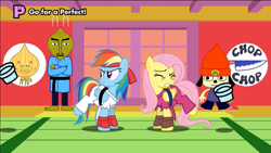 Size: 1136x640 | Tagged: safe, artist:mysteryben, imported from derpibooru, fluttershy, rainbow dash, rhythm is magic, black belt, clothes, fingerless gloves, gi, gloves, karate, martial arts, pants, parappa the rapper, rhythm game, rhythm heaven, robe, street fighter, trousers, video at source