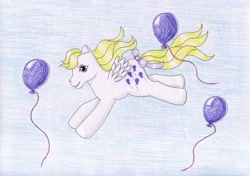 Size: 1024x720 | Tagged: safe, artist:normaleeinsane, imported from derpibooru, surprise, pony, balloon, female, g1, solo, surprise (g1), traditional art