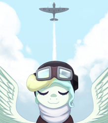 Size: 2000x2287 | Tagged: safe, artist:mrscroup, imported from derpibooru, vapor trail, pegasus, pony, top bolt, air force, aviator goggles, aviator hat, bomber jacket, clothes, eyes closed, female, goggles, hat, helmet, mare, plane, raf, royal air force, scarf, smiling, solo, spread wings, supermarine spitfire