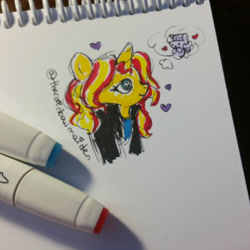 Size: 1280x1280 | Tagged: safe, artist:therainbowmaiden, imported from derpibooru, sunset shimmer, twilight sparkle, alicorn, pony, unicorn, clothes, cute, female, heart, heart eyes, irl, jacket, lesbian, mare, marker, marker drawing, markers, photo, shimmerbetes, shipping, simple background, smiling, sunsetsparkle, thought bubble, traditional art, twiabetes, twilight sparkle (alicorn), wingding eyes