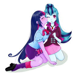 Size: 755x738 | Tagged: safe, artist:chappykagura, imported from derpibooru, sonata dusk, twilight sparkle, equestria girls, rainbow rocks, blushing, boots, cheek kiss, clothes, female, high heel boots, kiss on the cheek, kissing, kneeling, leg warmers, lesbian, shipping, simple background, skirt, twinata