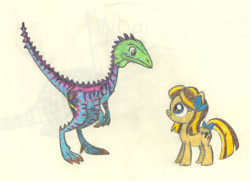 Size: 1462x1065 | Tagged: safe, artist:smcho1014, deleted from derpibooru, imported from derpibooru, oc, oc only, oc:wild sketchy, dinosaur, earth pony, pony, colored pencil drawing, duo, female, filly, foal, male, michelle creber, ponified, traditional art, unaysaurus