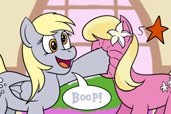 Size: 1800x1200 | Tagged: safe, artist:regularmouseboy, imported from derpibooru, derpy hooves, lily, lily valley, earth pony, pegasus, pony, boop, flower, flower in hair, open mouth, ponyville, punch, smiling, speech bubble