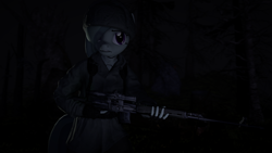 Size: 1920x1080 | Tagged: safe, artist:facelesssoles, imported from derpibooru, marble pie, anthro, 3d, clothes, coat, dark, female, gun, night, optical sight, rifle, sniper rifle, solo, svd, tree, uniform, weapon