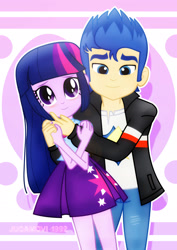 Size: 1600x2263 | Tagged: safe, artist:jucamovi1992, imported from derpibooru, flash sentry, twilight sparkle, equestria girls, couple, cute, daaaaaaaaaaaw, female, flashlight, hug, male, shipping, straight, valentine's day