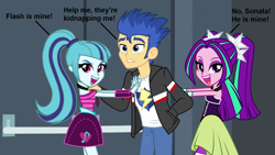 Size: 1280x720 | Tagged: safe, artist:mixiepie, artist:themexicanpunisher, imported from derpibooru, aria blaze, flash sentry, sonata dusk, equestria girls, clothes, dialogue, door, female, flash sentry gets all the mares, flash sentry gets all the waifus, flasharia, male, pants, senata, shipping, skirt, sleeveless, straight, valentine's day