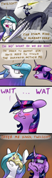 Size: 1200x4096 | Tagged: safe, artist:underpable, imported from derpibooru, princess celestia, storm king, twilight sparkle, alicorn, pony, wyvern, my little pony: the movie, absurd resolution, blushing, comic, crossover, dark souls, dark souls 3, dialogue, faic, fire keeper, floppy ears, majestic as fuck, speech bubble, sweat, the nameless king, twilight sparkle (alicorn), wat, weapon