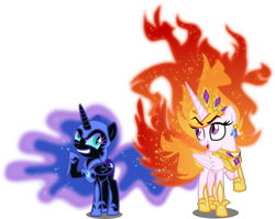 Size: 6000x4782 | Tagged: safe, artist:orin331, imported from derpibooru, nightmare moon, nightmare star, alicorn, pony, absurd resolution, adorabolical, armor, cewestia, cute, ethereal mane, evil, evil eyes, evil grin, female, filly, foal, galaxy mane, grin, jewelry, mane of fire, moonabetes, nightmare woon, regalia, royal sisters, royalty, sisters, smiling, teenager, woona, younger