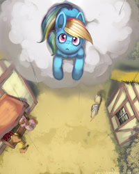 Size: 1000x1250 | Tagged: safe, artist:lexx2dot0, imported from derpibooru, rainbow dash, oc, pony, building, cloud, high angle, looking at something, looking up, open mouth, perspective, prone, rain, scenery, top down