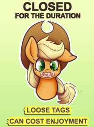Size: 1000x1350 | Tagged: safe, artist:heir-of-rick, imported from derpibooru, applejack, earth pony, pony, bust, cowboy hat, female, floppy ears, freckles, gradient background, hat, looking at you, portrait, poster, public service announcement, solo, spoiler, stetson, text