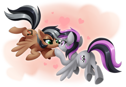 Size: 1600x1104 | Tagged: safe, artist:centchi, imported from derpibooru, oc, oc only, oc:artsong, oc:thespia, pegasus, pony, female, heart, lesbian, mare, nuzzling, oc x oc, shipping, watermark
