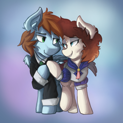 Size: 900x900 | Tagged: safe, artist:saxopi, imported from derpibooru, oc, oc only, oc:charlie, oc:sorren, earth pony, pegasus, pony, charren, clothes, costume, couple, female, gradient background, hearts and hooves day, holding hooves, looking at each other, male, oc x oc, shipping, simple background, smiling, straight, wings
