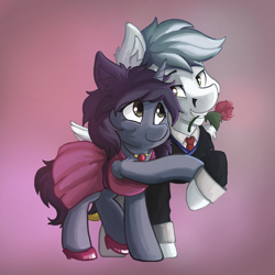 Size: 1600x1600 | Tagged: safe, artist:saxopi, imported from derpibooru, oc, oc only, oc:kate, oc:kej, pegasus, pony, unicorn, clothes, costume, couple, dress, female, flower, hearts and hooves day, hoof hold, k+k, male, rose, simple background, straight