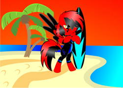 Size: 1024x737 | Tagged: safe, artist:redthunder016, imported from derpibooru, oc, oc only, pegasus, pony, 2016, beach, cute, needs more saturation, palm tree, red and black oc, sand, sexy, tree, water, wetsuit